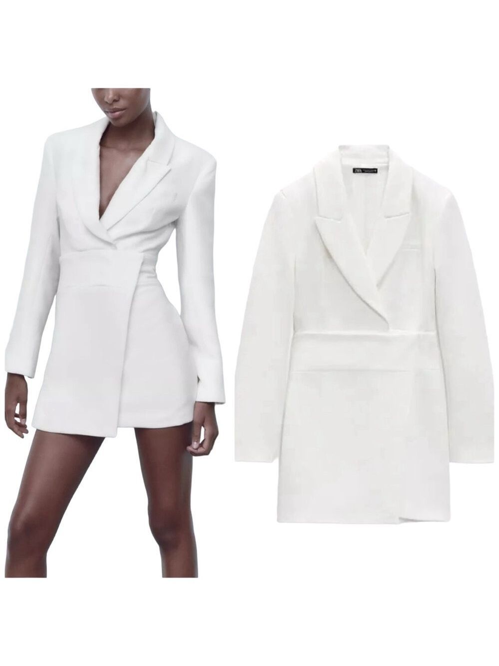 Zara Deep V-Neck Collared White Mini Blazer Dress With Shoulder Pads